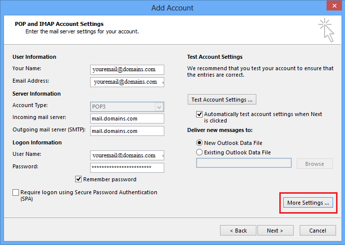 cpanel email setup for outlook 7